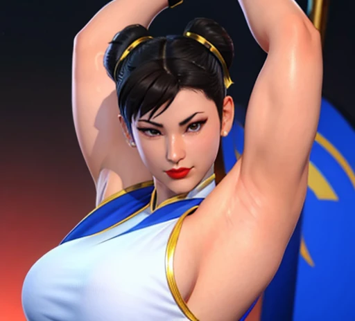 Chun Li red lips iconic Chun Li costume raising his arms behind his head 