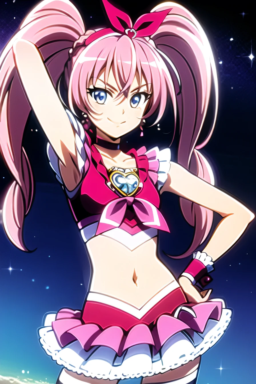 cure melody, navel, pink hair ribbon:1.2, hairband, pink thighhighs, pink shoes, wrist cuffs, twintails, gem, frills, anime coloring, best quality,  looking at viewer, solo, contrapposto, spread armpit, arm behind head, hand on hip, smile, looking at viewer, portrait, closed mouth, night sky, beach, upper body,