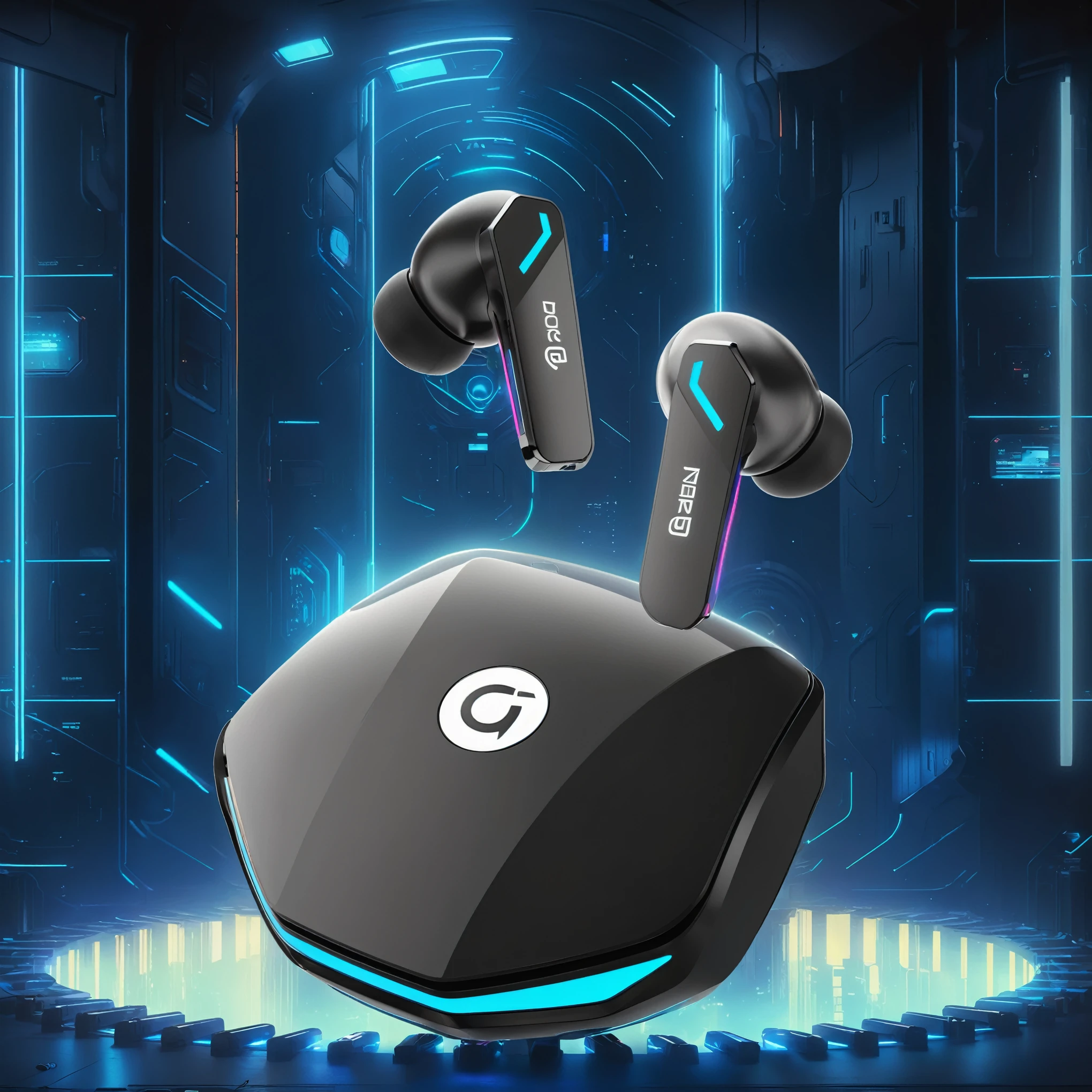 Original photo of C7b3rp0nkStyle headphones, Cyberpunk style, Reality, (masterpiece:1.3) (best quality:1.2) (high quality:1.1)render of futuristic earbuds with 'G' logo, floating on a dark blue platform in a sleek space station, neon