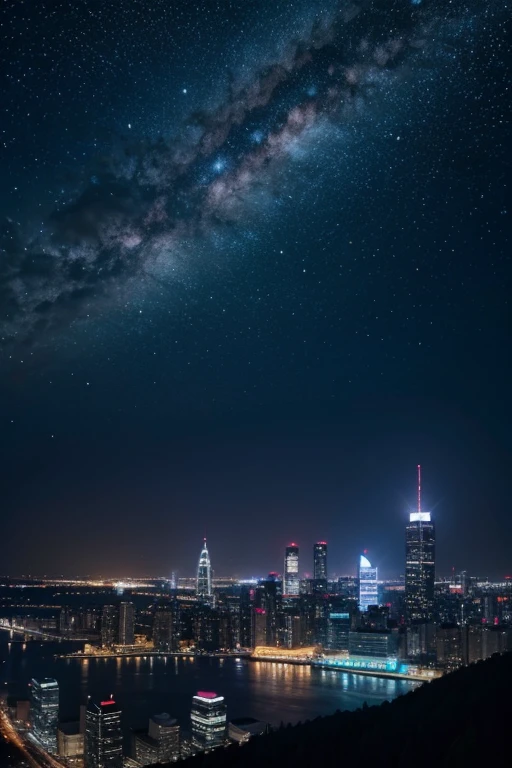 highest quality、Landscape painting、City Neon、Starry Sky、moon