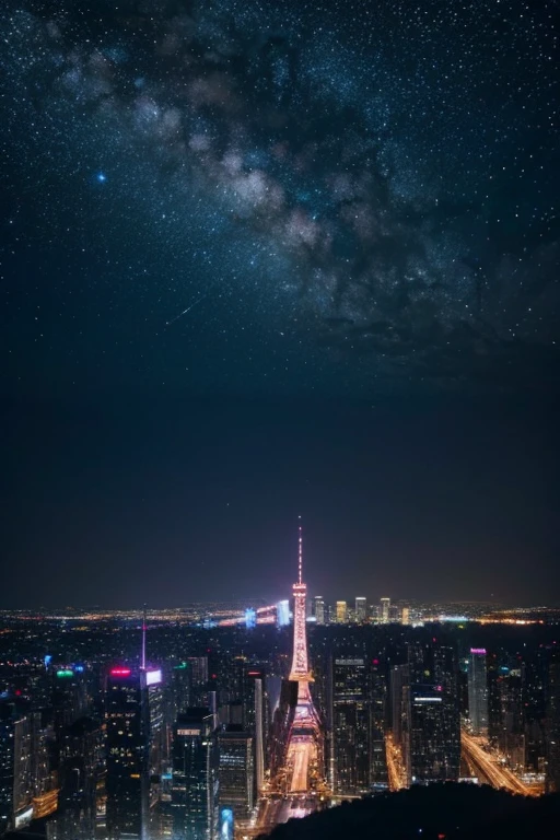 highest quality、Landscape painting、City Neon、Starry Sky、moon