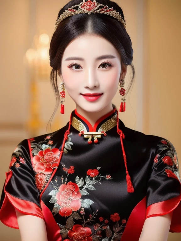 Close-up of a woman wearing a black and red dress, Chinese style, traditional chinese, Chinese dress, Cheongsam, Chinese dress, traditional chinese clothing, Chinese woman, with ancient Chinese clothes, Chinese girl, wearing a red Cheongsam, Chinese princess, black and red silk clothes, Gorgeous Chinese model, traditional beauty, สวมChinese dressโบราณClose-up of a woman wearing a black and red dress, silk velvet silk velvet blue gold yellow orange expensive silk fabric, Action with different poses,