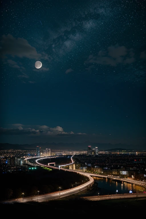 highest quality、Landscape painting、City Neon、Starry Sky、moon
