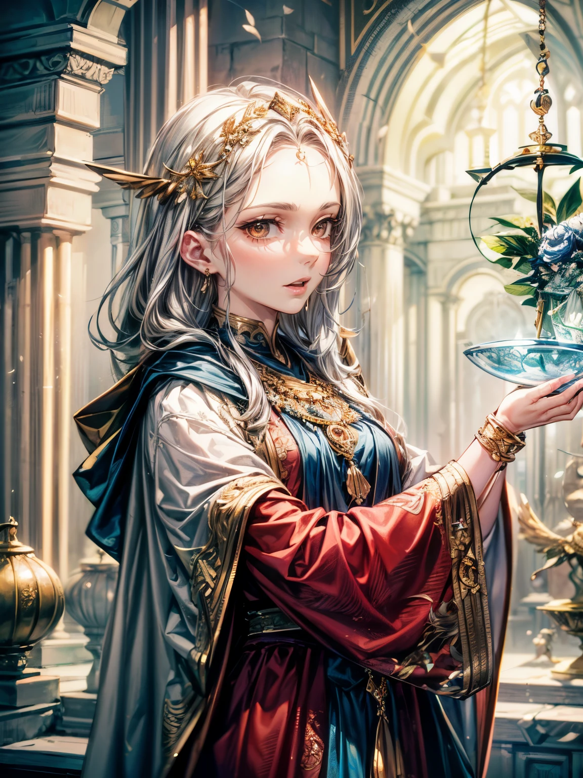 masterpiece,highest quality,Ultra high definition, The Goddess Themis, Greek mythology,((Forehead hair)),white hair,(The balance scales of justice in my hand),(holding up the scales),deep brown eyes, white draped robe, scales, (Deep brown eyes)