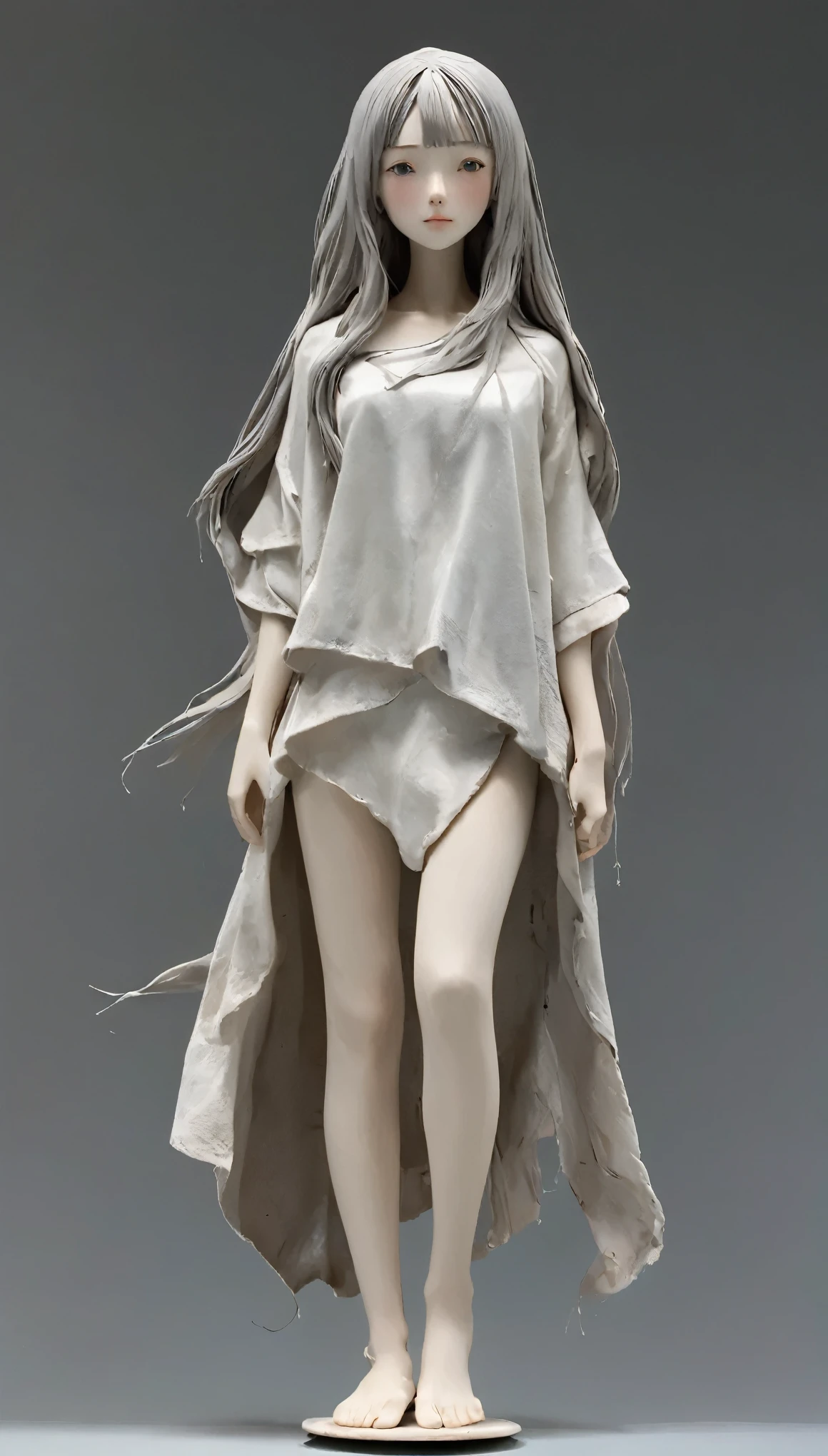 (highest quality:1.2),ultra-light clay, woman, womanの身体,Expressing the female body with thin fabric、Artistic Expression、Long Hair,clay, Pottery, Medium chest,Narrow waist,barefoot,Straight Hair,myth, dirty, mineral pigments, 3D clay sculpture art, clay sculpture, Rough surface, (Slope,Slope background,Gray background,Food Up,alone,Are standing)