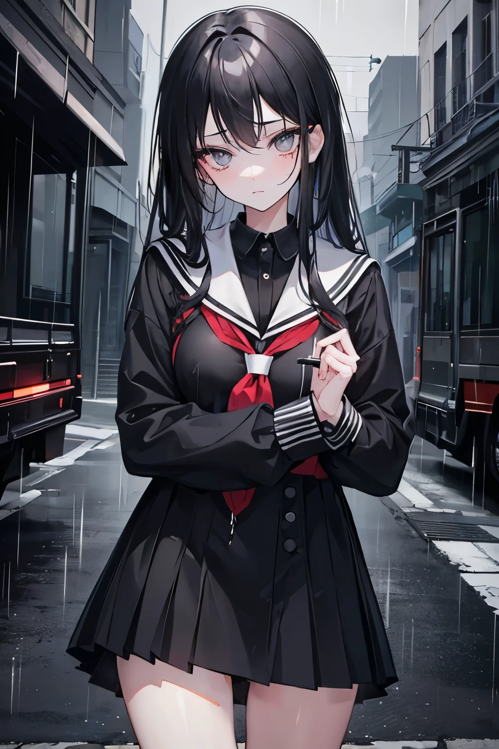 School girl, beautiful girl, emo, cold gaze, black and grey eyes, black hair, rain, modest body, eyeliner, black rings in eyes.