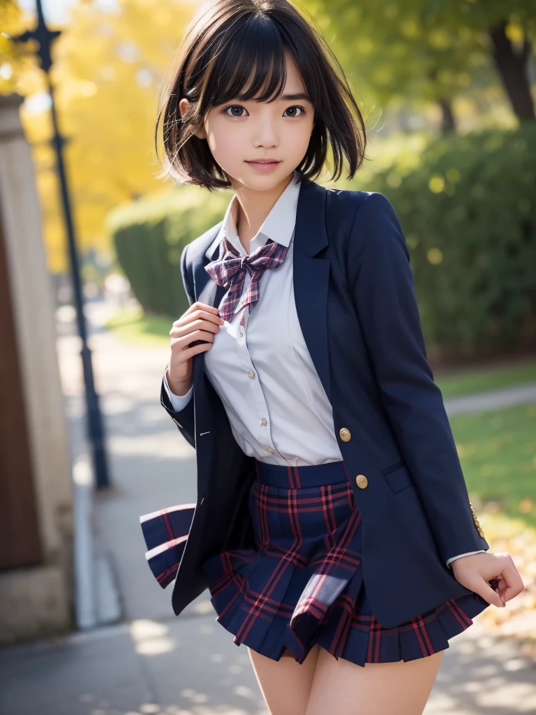 (8k, RAW Photos, highest quality, Tabletop:1.2), (Realistic, Photorealistic:1.4), (Highly detailed 8k wallpaper), Sharp focus, Depth of written boundary,highest quality, ((1 girl)), Very detailed, Beautiful and detailed, (Brown Hair), Natural color lip, (smile), (Wears a navy blue school blazer uniform:1.3), (Short Bob Hair:1.3), Standing in the park, (The wind is blowing、A navy blue and pink checked miniskirt flips up), 18 year old girl, Backlight