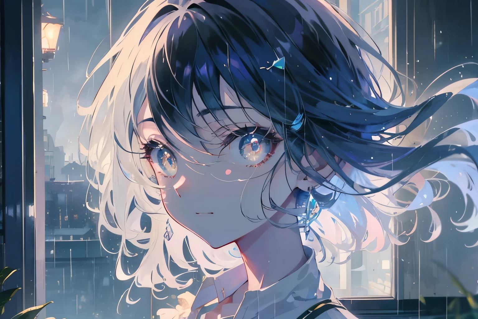 Create exquisite illustrations reminiscent of Makoto Shinkai's style, It has ultra-fine details and top-notch quality. Create a high-quality illustration depicting a beautiful girl looking out of a window at the rain on a nostalgic and fantastical night. The scene should evoke a sense of nostalgia and enchantment, with intricate details and a dreamy atmosphere. The girl's features should be beautifully rendered, capturing her serene and contemplative expression. The window should show rain-soaked streets and softly glowing streetlights. Inside the room, include elements like warm lighting, reflections on the glass, and subtle shadows to enhance the nostalgic and magical feel. Every detail should be meticulously crafted to immerse the viewer in a nostalgic and fantastical moment. best quality, masterpiece, expressive eyes, gorgeous, vivid, perfect face, smile, happyness, 2eyes, emotion, detailed pupils, vivid pupils,stunning, life, relfection, peace, warm, compsition, artistic, 4k, wallpaper, bonnet, wind, glowing eyes