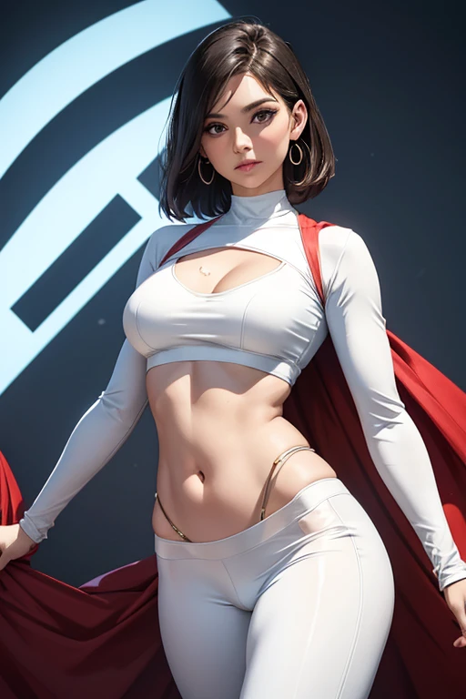 A woman in white crop top superhero costume showing navel, 40 years-old, bellybutton