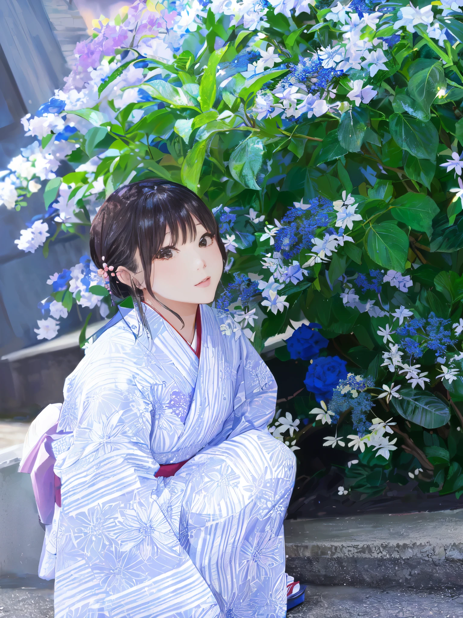 There is a woman sitting on the steps in front of a flower bush., in kimono, yukata, in a kimono, wearing kimono, 色鮮やかなyukataを着て, classy yukata, wearing royal kimono, Chiho, wearing a haori, wearing a kimono, kimono, pale and coloured kimono, shikamimi