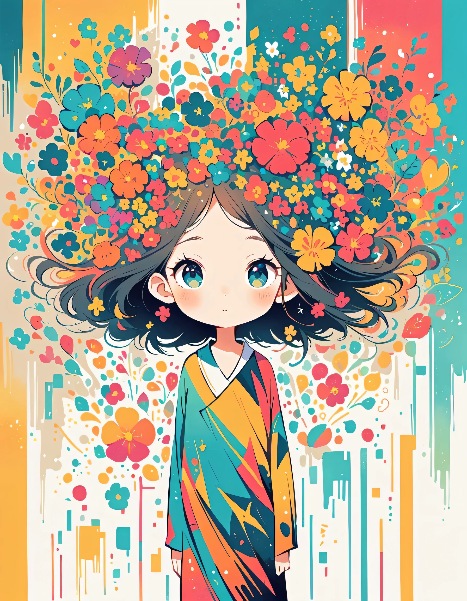 Watase Seizo style, Standing in front of a high wall，Simple Line Initialism，Abstract art，Urban Background, (((The most beautiful girl))),  colorful flowers