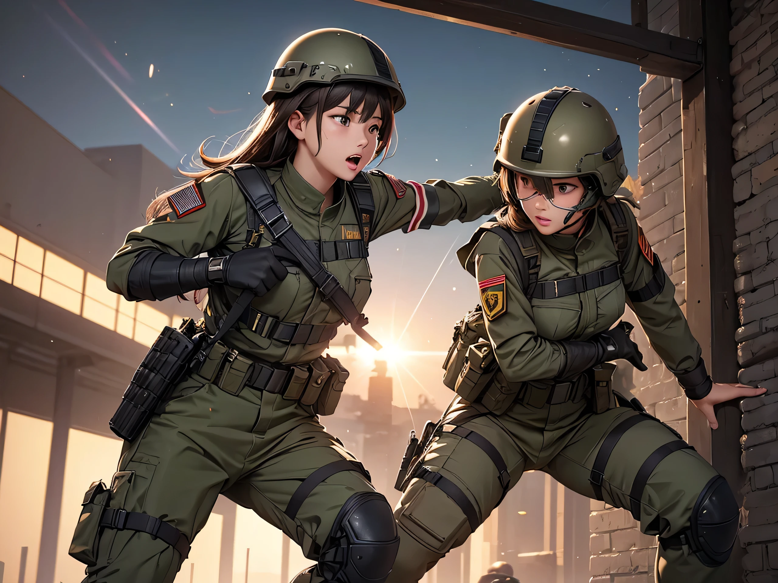 Female soldiers in helmets,Hand-to-hand combat,Attack each other,Pinch the crotch,M51 Military Uniform、Military Pants、Magazine Pouch、Tactical harness、Elbow pads,Knee pads,Write details、masterpiece、best quality、Highly detailed CG、8K picture quality、theater lighting、lens flare