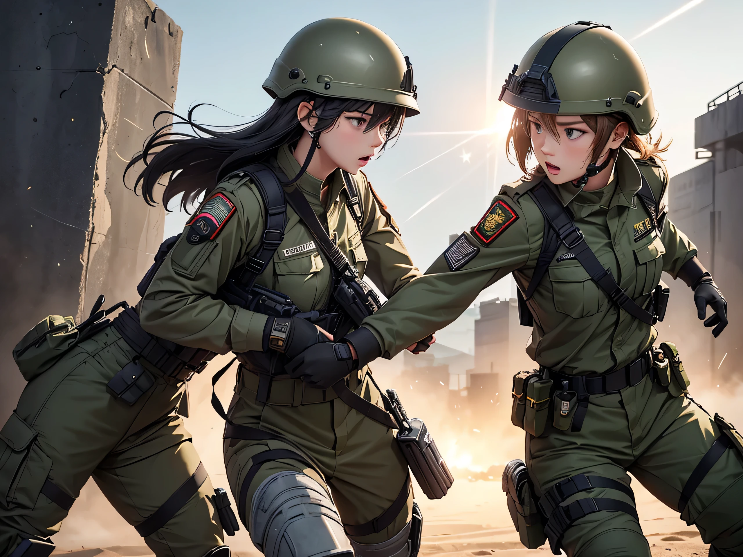 Female soldiers in helmets,Hand-to-hand combat,Attack each other,Hit in the abdomen,M51 Military Uniform、Military Pants、Magazine Pouch、Tactical harness、Elbow pads,Knee pads,Write details、masterpiece、best quality、Highly detailed CG、8K picture quality、theater lighting、lens flare