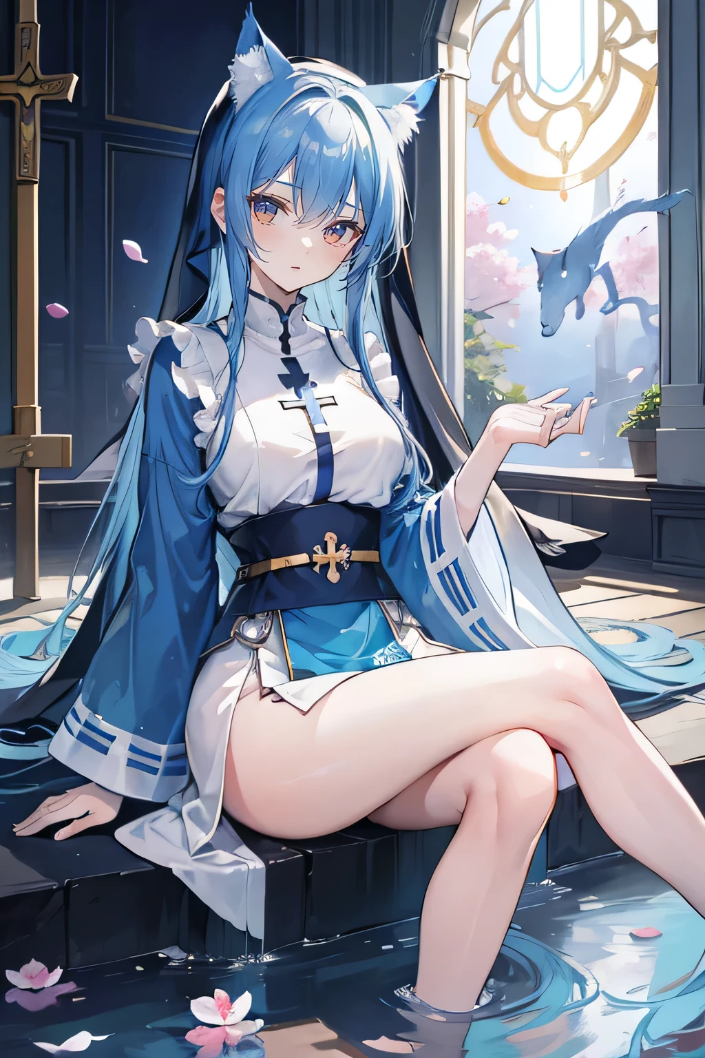 (masterpiece:1.2),Extremely detailed,Practical,expressive eyes,Fair skin,Perfect face shaping,1 Girl,
Japanese cartoons,Gorgeous blue hair, the long flowing blue hair,Floating clothes,Cat ears,Petals fall,beautiful lola,Young Angel,
Place your hands on your waist,sit elegantly on the ground,Cross your legs,Gentle and peaceful background,stately church,nun.