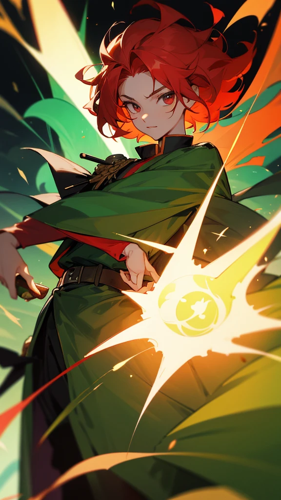 Chico de pelo ondulado pelirrojo, de ojos verdes, soldier dress with a design referring to the Phoenix, in a magical academy