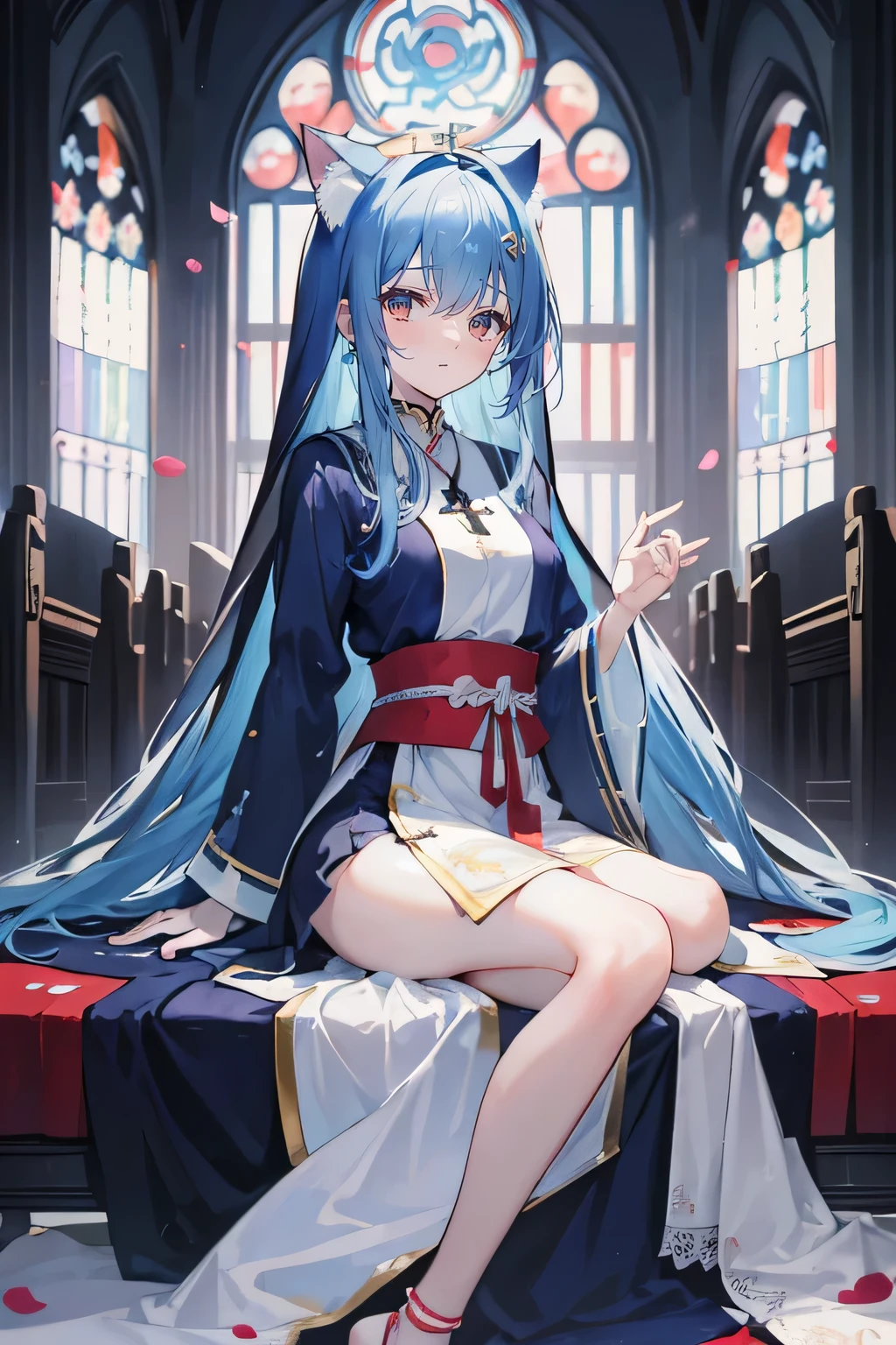 (masterpiece:1.2),Extremely detailed,Practical,expressive eyes,Fair skin,Perfect face shaping,1 Girl,
Japanese cartoons,Gorgeous blue hair, the long flowing blue hair,Floating clothes,Cat ears,Petals fall,beautiful lola,Young Angel,
Place your hands on your waist,sit elegantly on the ground,Cross your legs,Gentle and peaceful background,church,Nun's Clothes,back view,lie on the water.