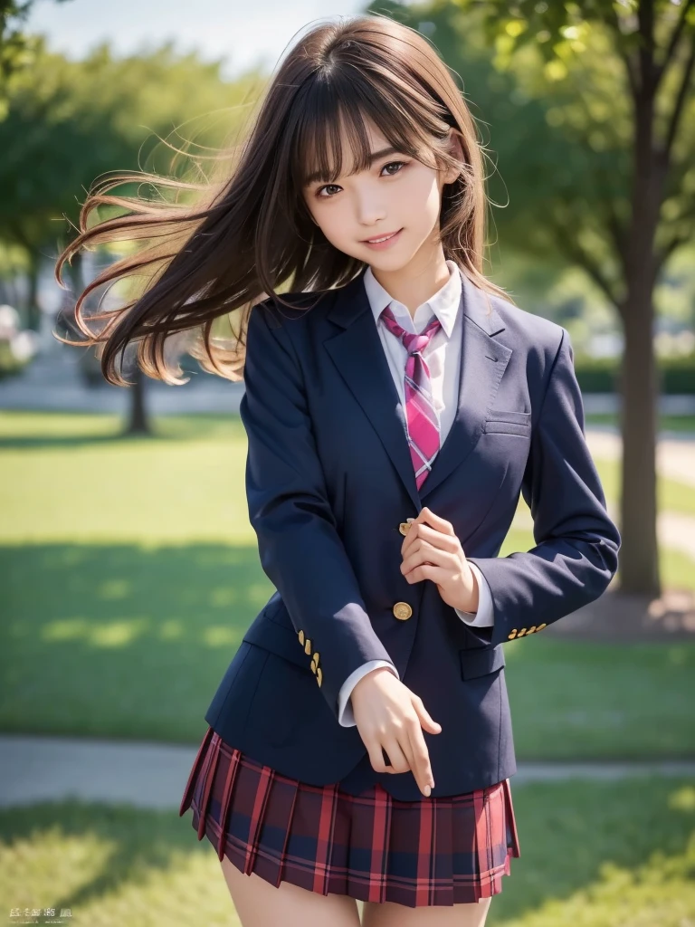 (8k, RAW Photos, highest quality, Tabletop:1.2), (Realistic, Photorealistic:1.4), (Highly detailed 8k wallpaper), Sharp focus, Depth of written boundary,highest quality, ((1 girl)), Very detailed, Beautiful and detailed, (Brown Hair), Natural color lip, (smile), (Wears a navy blue school blazer uniform:1.3), (Long Bob Hair:1.3), Standing in the park, (The wind is blowing、A navy blue and pink checked miniskirt flips up), 18 year old girl, Backlight