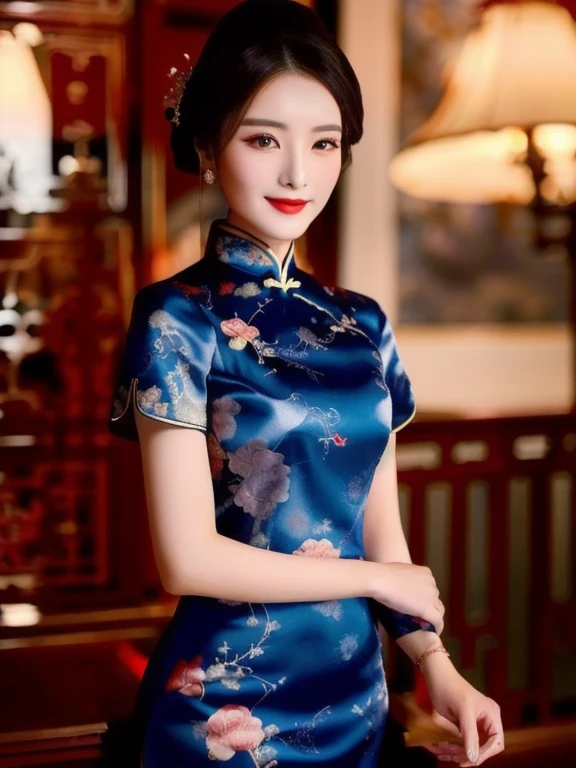 Close-up of a woman wearing a black and red dress, Chinese style, traditional chinese, Chinese dress, Cheongsam, Chinese dress, traditional chinese clothing, Chinese woman, with ancient Chinese clothes, Chinese girl, wearing a red Cheongsam, Chinese princess, black and red silk clothes, Gorgeous Chinese model, traditional beauty, สวมChinese dressโบราณClose-up of a woman wearing a black and red dress, silk velvet silk velvet blue gold yellow orange expensive silk fabric, Action with different poses,