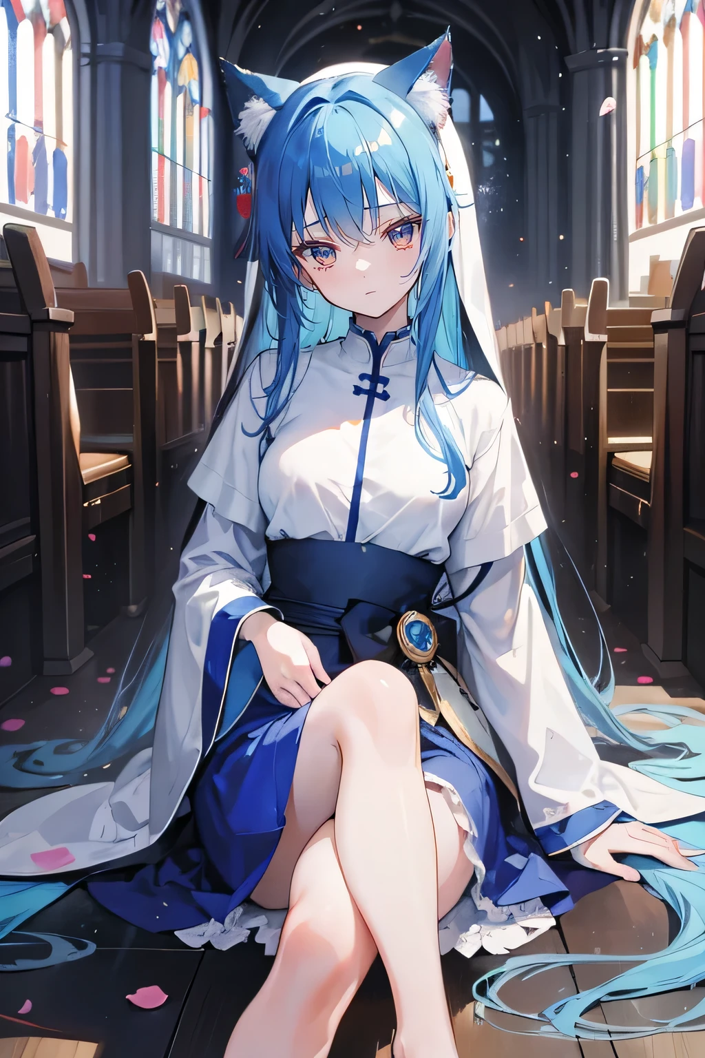 (masterpiece:1.2),Extremely detailed,Practical,expressive eyes,Fair skin,Perfect face shaping,1 Girl,
Japanese cartoons,Gorgeous blue hair, the long flowing blue hair,Floating clothes,Cat ears,Petals fall,beautiful lola,Young Angel,
Place your hands on your waist,sit elegantly on the ground,Cross your legs,Gentle and peaceful background,church,Nun&#39;s Clothes,back view,lie on the water. 