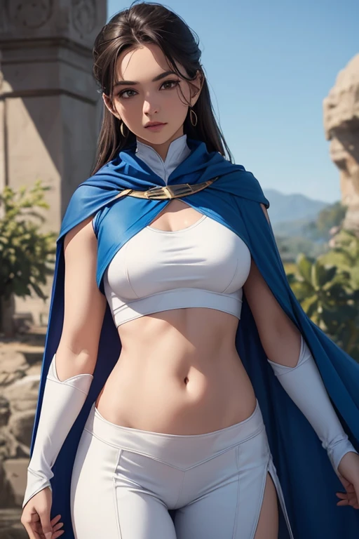 Woman with wavy brown hair, bare breasts, holding a sword and a wedding ring, wearing a blue robe with white frills, with a hood on her head, pele clara,cenario totalmente preto aurea clara corpo inteiro, feiticeira,