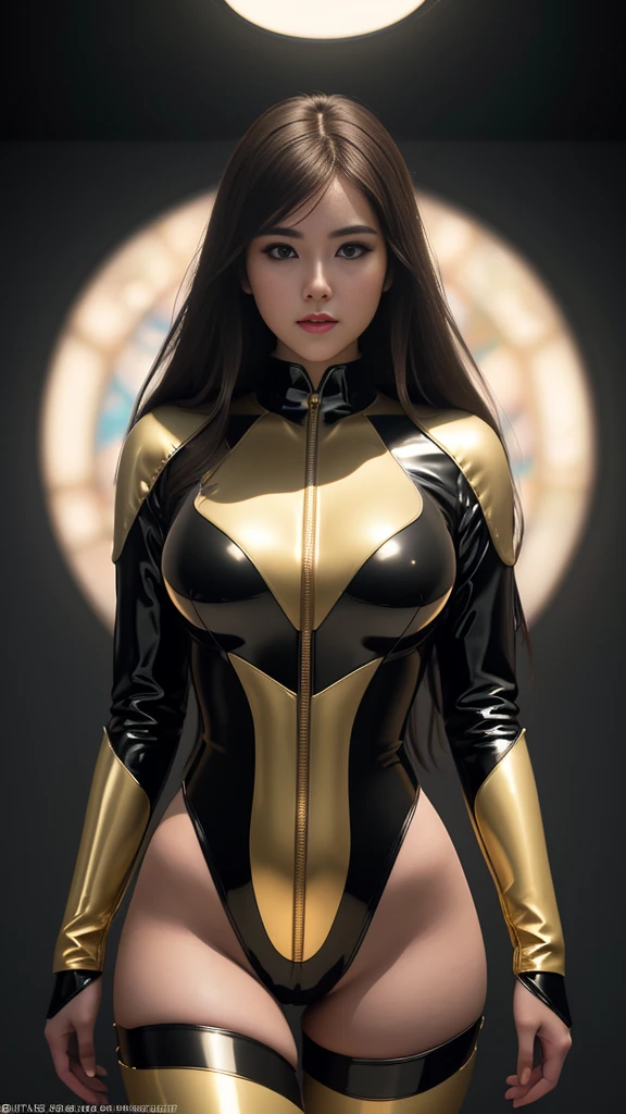 girl. Brunette blonde, beautiful wearing latex suit, hourglass figure, beautiful long legs., full body , perfect light perfect composition Beauty Award winning masterpiece Artstation 8 k Artgerm Mucha Dim Volumetric lighting Octane 18 k Beautiful detail rendering. post processing, portrait, exaggerated detail, complex, grand composition, cinematic lighting, masterpiece, trending art station, high detail, masterpiece, beautiful, 18k , HDR, smooth, sharp focus, high resolution.
