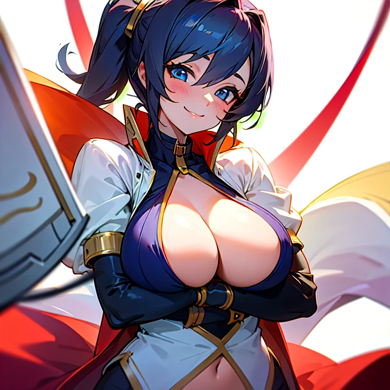 girl with big breasts bushing and smiling. with a collar around her neck and reviling clothes That is Just a string for each breasts