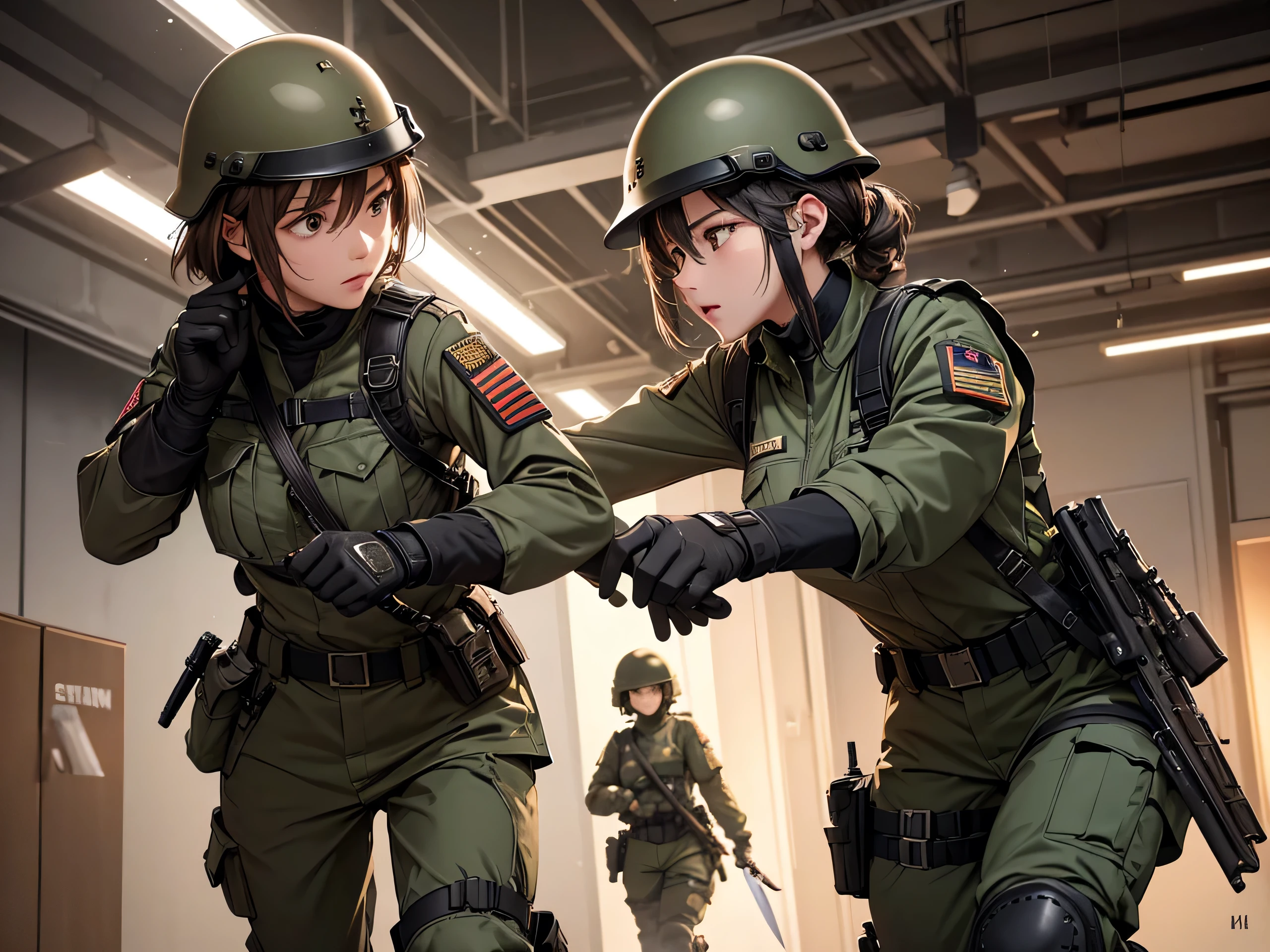 Team of female soldiers in helmets holding daggers,Hand-to-hand combat,Attack each other,M51 Military Uniform、Military Pants、Magazine Pouch、Tactical harness、Elbow pads,Knee pads,Write details、masterpiece、best quality、Highly detailed CG、8K picture quality、theater lighting、lens flare