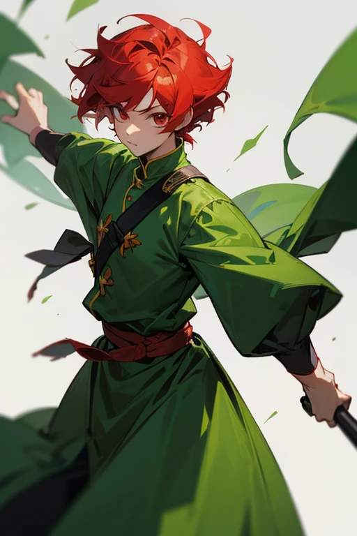 Chico de pelo ondulado pelirrojo, de ojos verdes, soldier dress with a design referring to the Phoenix, in a magical academy