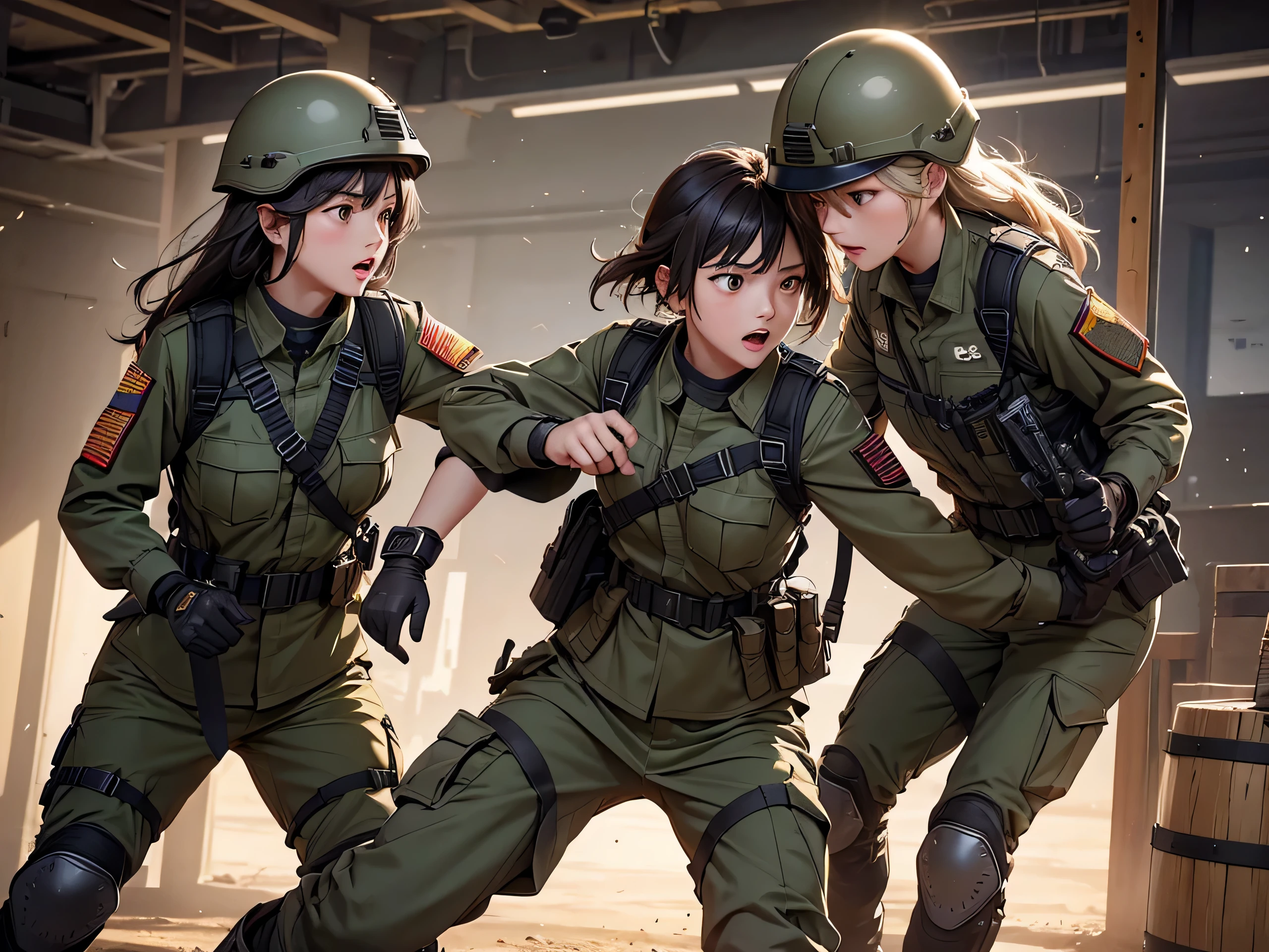 Female soldiers in helmets,Hand-to-hand combat,Attack each other,M51 Military Uniform、Military Pants、Magazine Pouch、Tactical harness、Elbow pads,Knee pads,Write details、masterpiece、best quality、Highly detailed CG、8K picture quality、theater lighting、lens flare