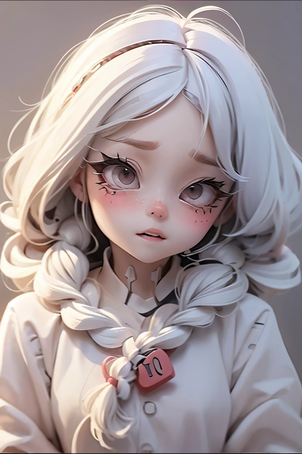 Lolli girl, braid hair, school, closed mouth, anime drawing background, white hair, frontal pose, face close, witf extreme fear,desperately scared