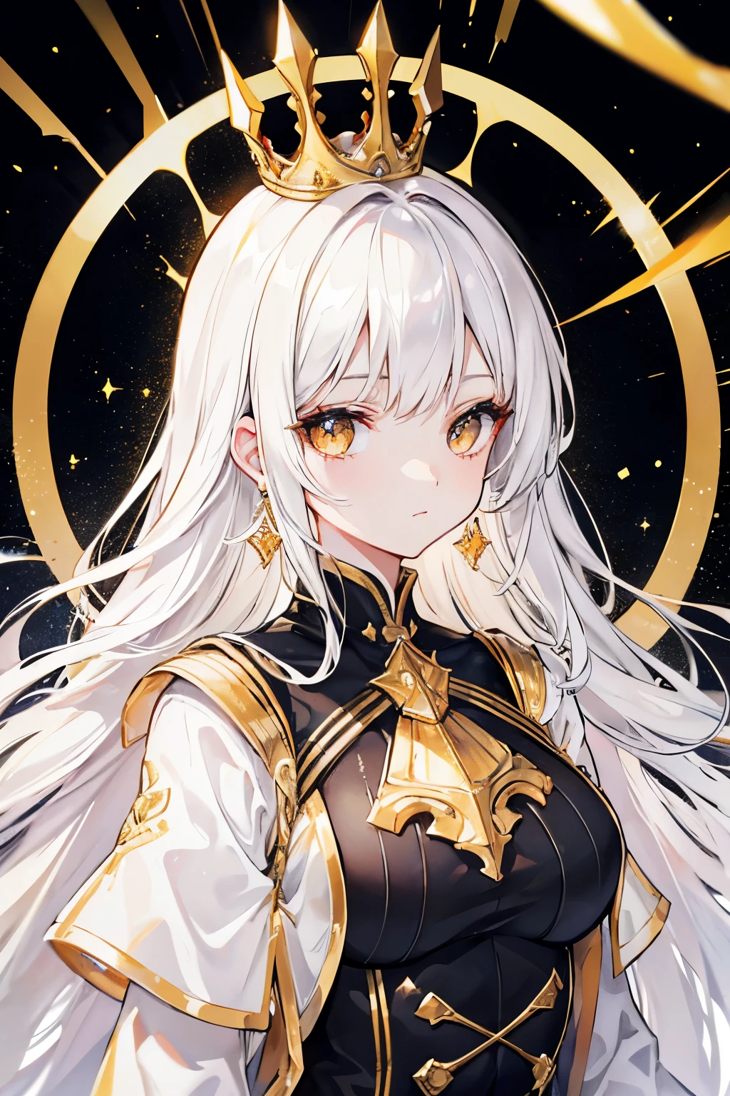 Queen, golden details, shiny clothing, dark clothing, white hair, divine girl, golden earrings, golden and bright aura, bright eyes, black eyes with golden specks.