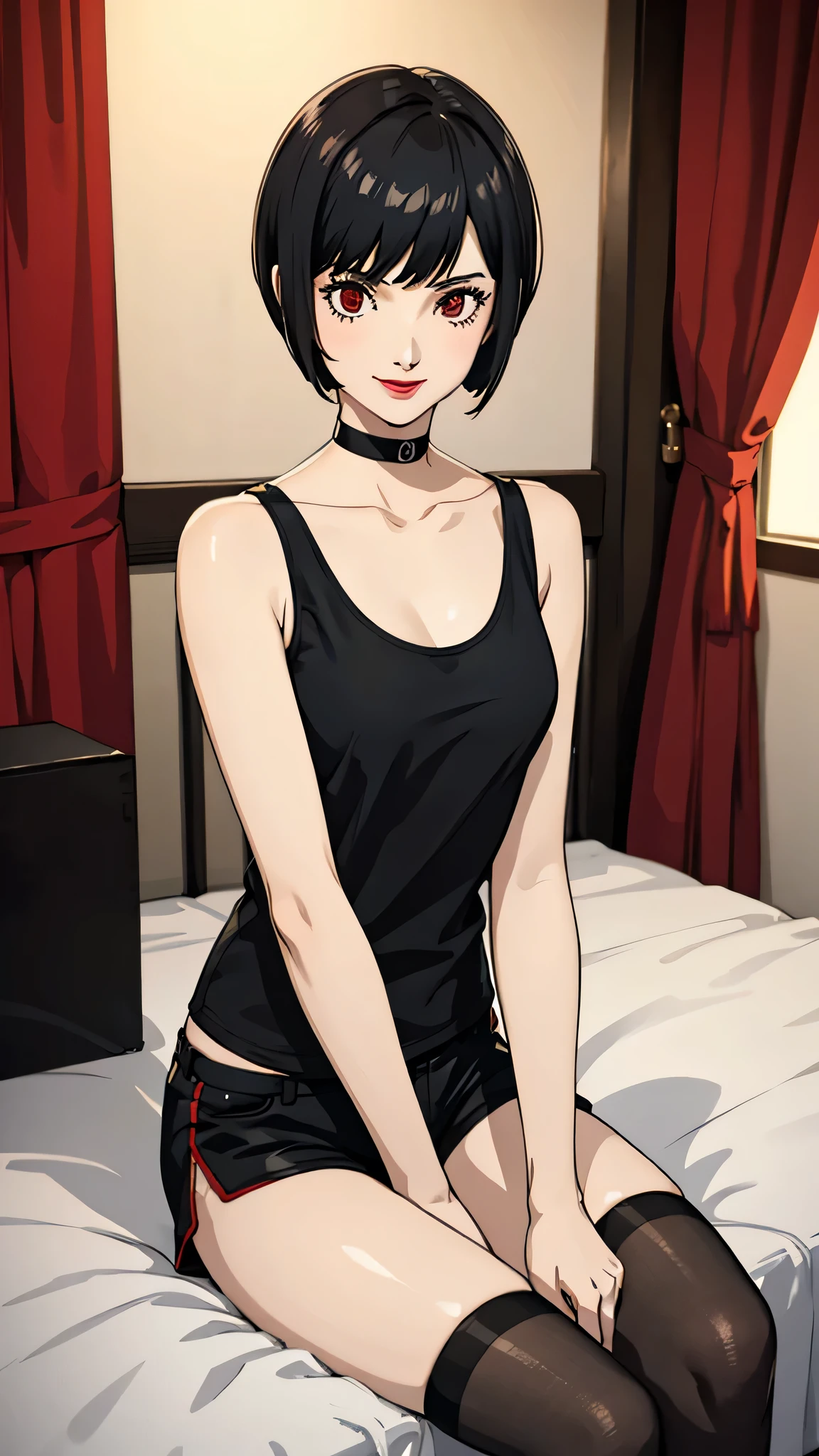 1 girl, Red eyes, very Short hair, black choker, lipstick, smile, black hair, girl , tomboy Pixie haircut, tank top, shorts, stockings, cowboy shot, sit, bedroom