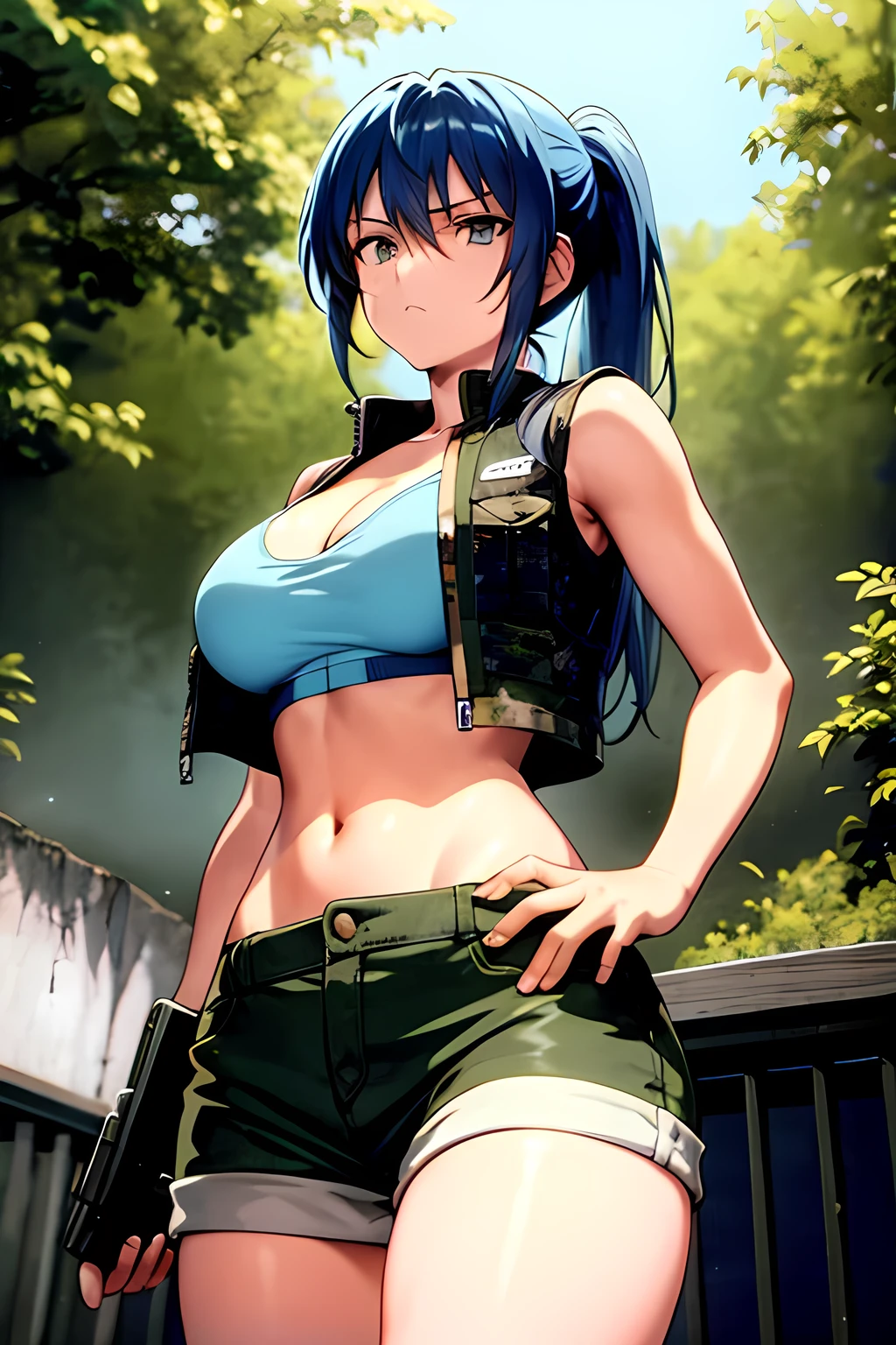 masterpiece, best quality, anime 1990s \(style\, leona heidern, bra, short,vest., jungle, tactical, pony tail, serious, cammo, army, soldier, blue hair.