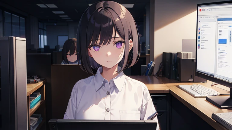 Woman working in the office, 14 years old, Black Hair, Short Bob, Purple glowing eyes, White shirt, Light Brown Jacket, Melancholic expression, Show me your face, Face to face with computer