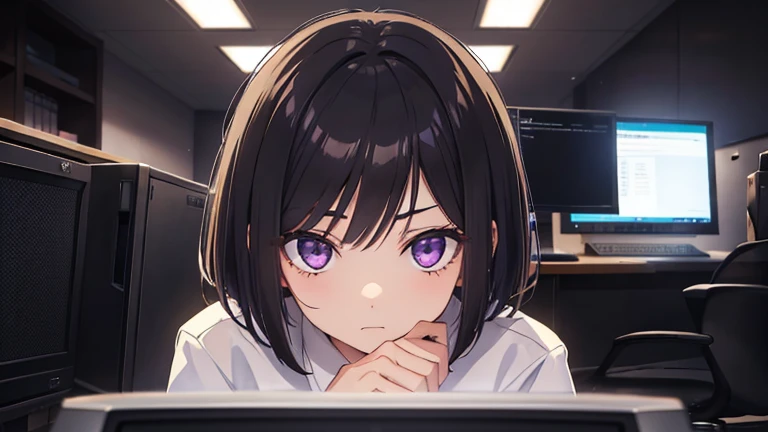 Woman working in the office, 14 years old, Black Hair, Short Bob, Purple glowing eyes, White shirt, Light Brown Jacket, Melancholic expression, Show me your face, Face to face with computer