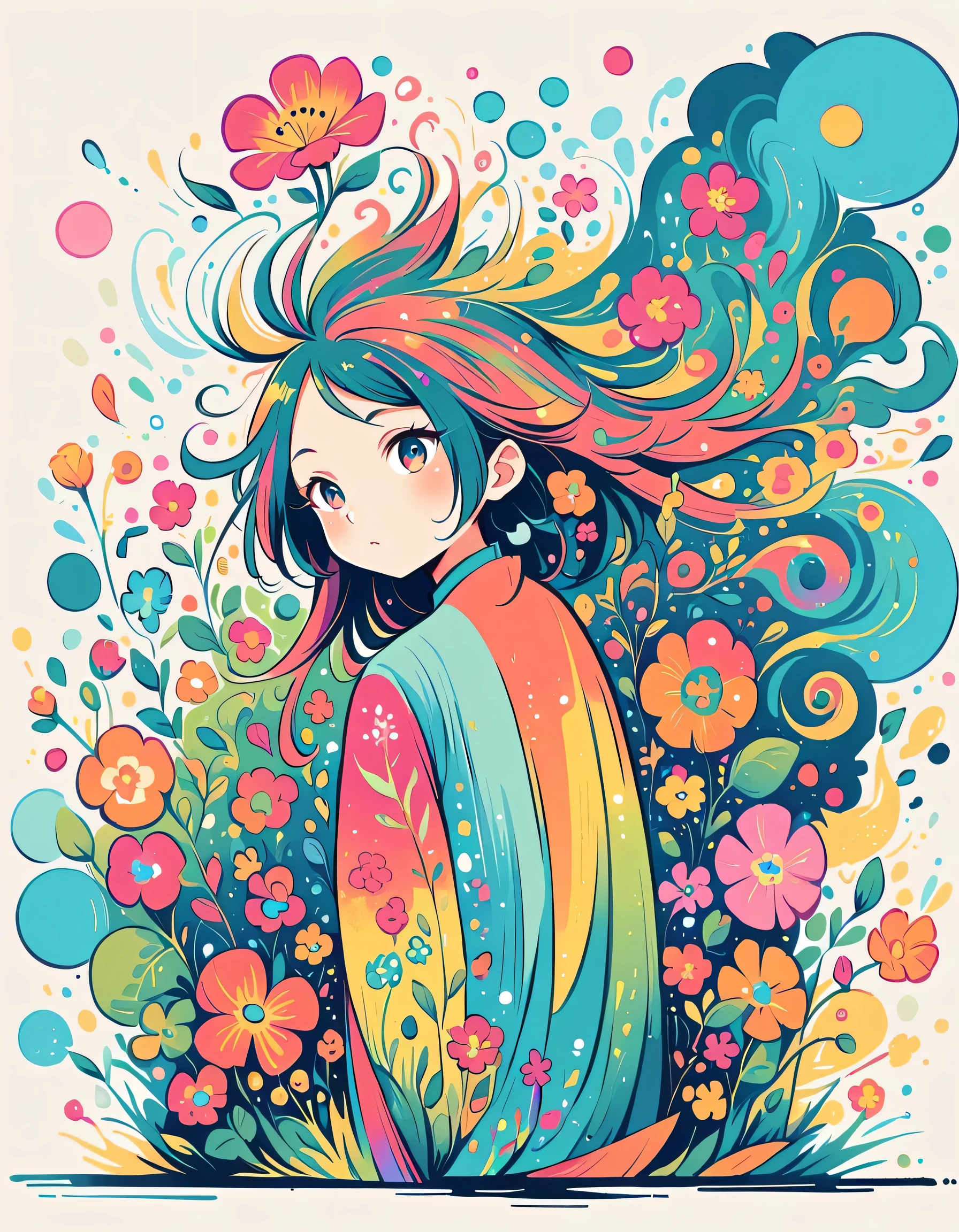 Heisuke Kitazawa Style, Standing in front of a high wall,Simple Line Initialism,Abstract art,Urban Background, (((The most beautiful girl))), colorful flowers