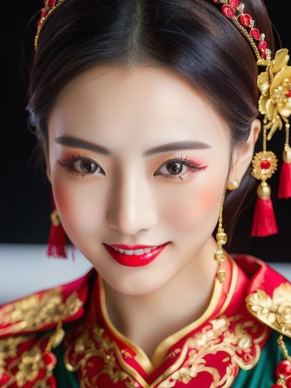 Close-up of a woman wearing a black and red dress, Chinese style, traditional chinese, Chinese dress, Cheongsam, Chinese dress, traditional chinese clothing, Chinese woman, with ancient Chinese clothes, Chinese girl, wearing a red Cheongsam, Chinese princess, black and red silk clothes, Gorgeous Chinese model, traditional beauty, สวมChinese dressโบราณClose-up of a woman wearing a black and red dress, silk velvet silk velvet blue gold yellow orange expensive silk fabric, Action with different poses,