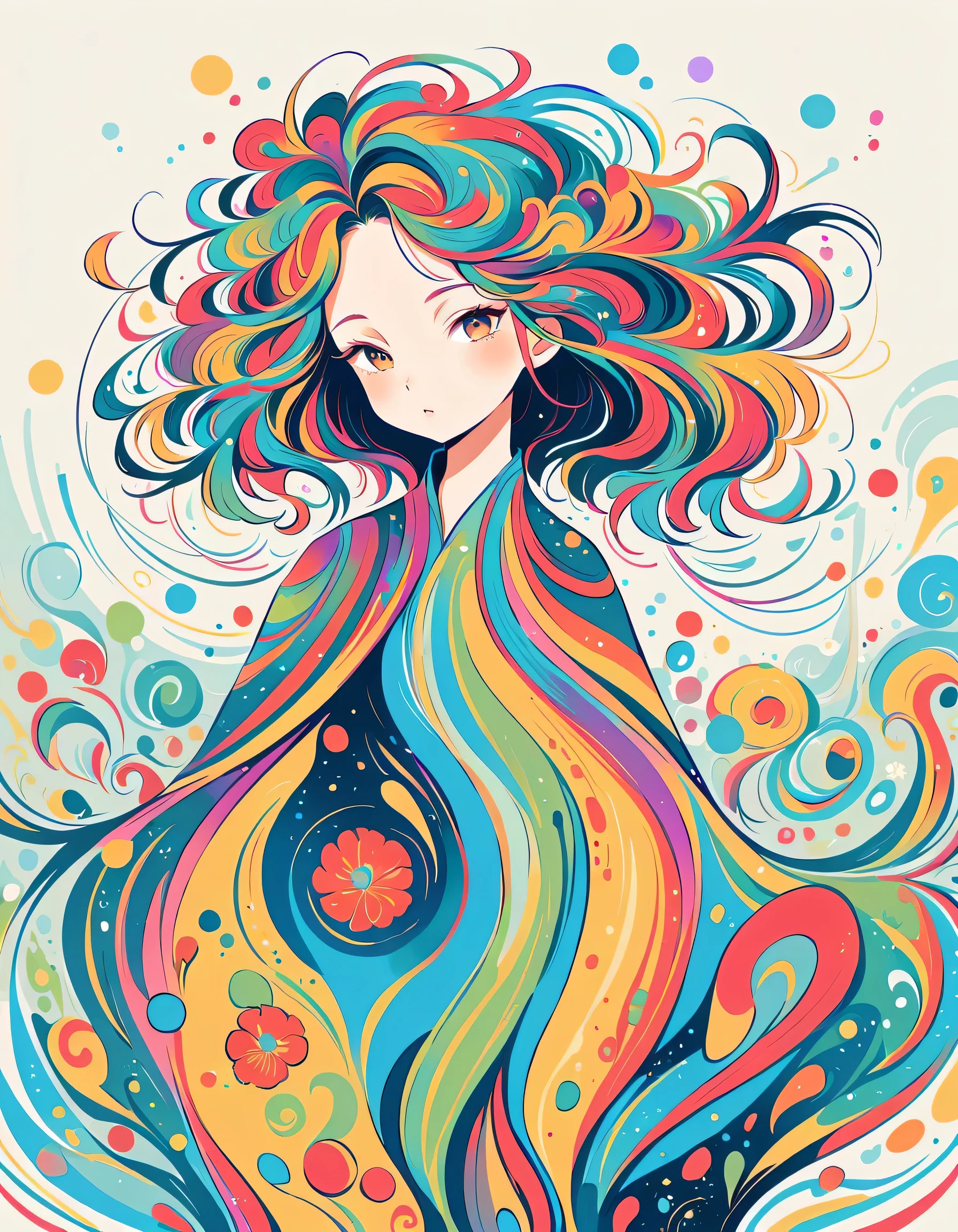 Heisuke Kitazawa Style, Standing in front of a high wall,Simple Line Initialism,Abstract art,Urban Background, (((The most beautiful girl))), colorful flowers
