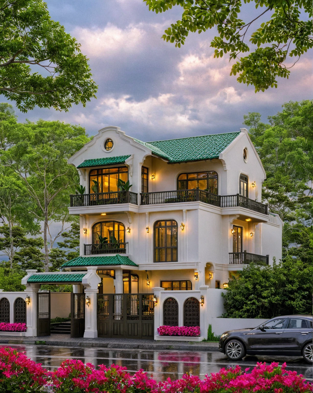 Raw photo,Masterpiece, high quality, best quality, authentic, super detail, exterior, outdoors, house style indochine, Many bougainvilleas along the road ,aiaigroup road,pavement, grass, trees, sky, cloud, (day:1.1), vivid colour ((green tile roof:1.3))