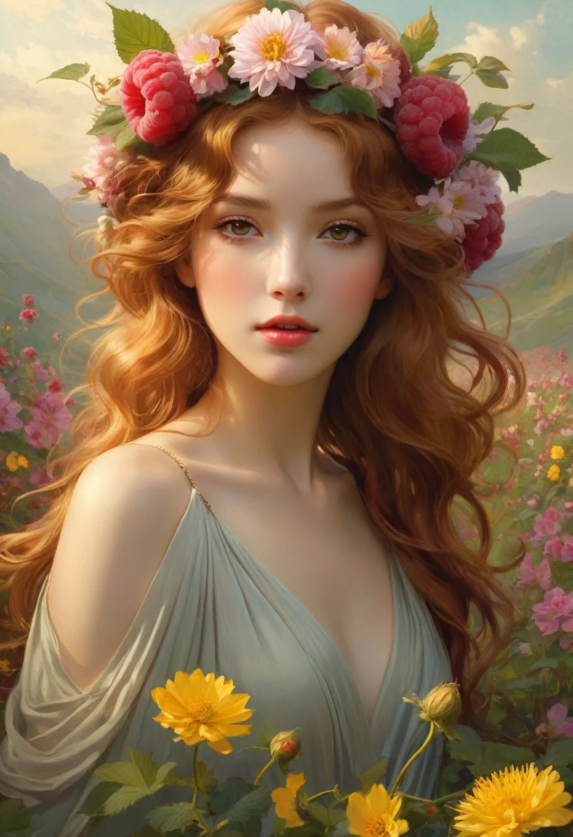 Painting of a woman with a flower crown on her head, flower goddess, woman in flowers, she has a wreath of flowers, Goddess in the Field of Flowers, covered with flowers, Mucha Klimt and Tom Bagshaw, girl in flowers, Persephone in spring, Queen of Flowers, goddess of spring, jinyoung shin art, female portrait with flowers, RAW photo (adult:1.3),Female explosion of piquant raspberry cascades,the interweaving of magic and technology with a viscous charm fades into the shadows,in the neo-expressionist masterpiece of the golden embrace,topless,,hair between eyes,(skinny, thin body:0.4),(chiaroscuro:1.3),(Octane Render is a masterpiece,Masterpiece scale,beautiful depth of field,Ultra wide field,ultra-detailed computer graphics perspective,Ultra Dynamic Lighting Amazing Shadows,dramatic lighting), Convey a feeling of inner strength and confidence.. Imagine gentle, atmospheric haze in the environment, creating a soft diffusion of light and giving the impression of a golden aura and presence.