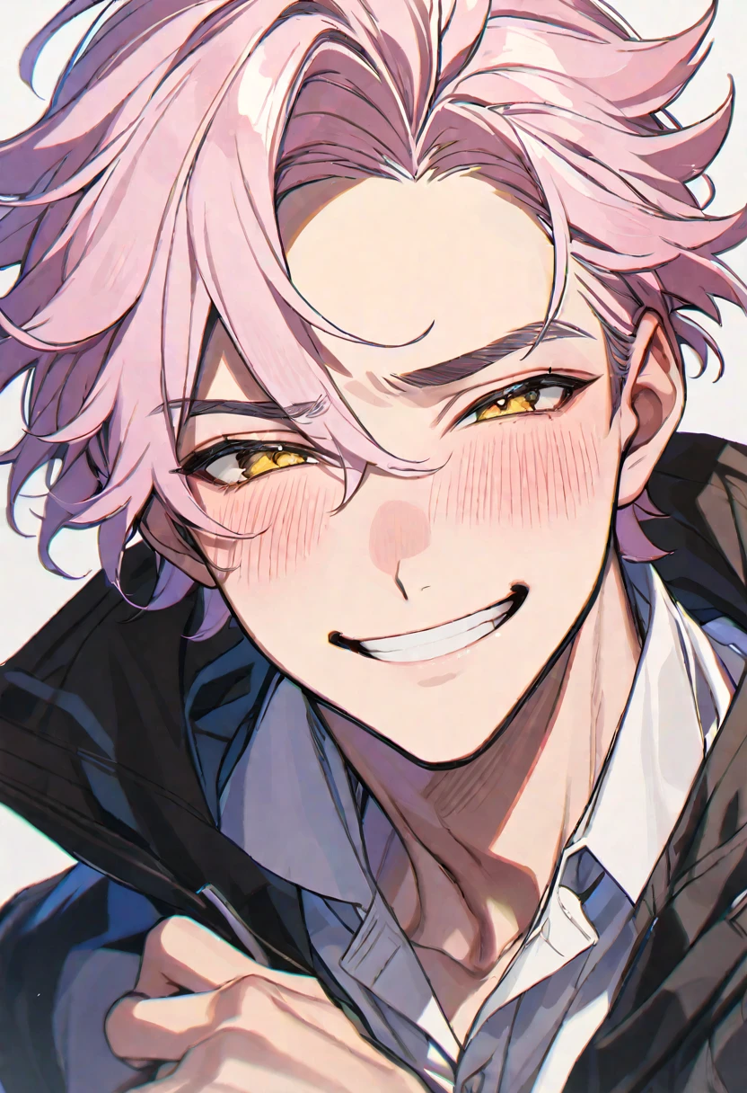 Solo, handsome, male, light pink hair, short hair, smiling, blushing cheeks, yellow eyes