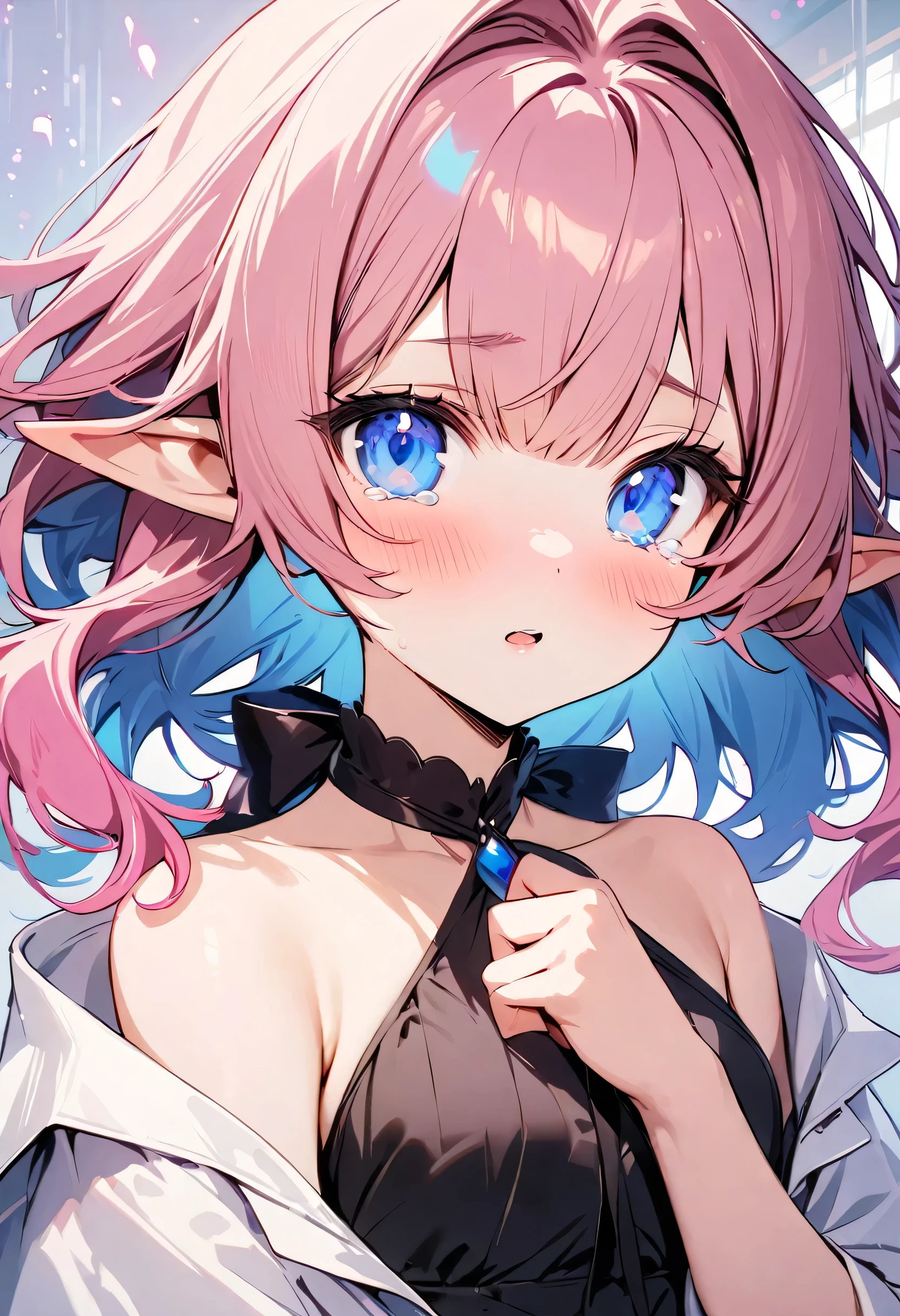 (young :1.3)cat girl,pink cat ears,pink cat tail,pink long hair,pubic park,night,light and shadow,white bra and pantie,lace,desire face,glowing eyes,neon eyes,smile,open mouth,full face blush,stand,selfie,close up,heavy breath