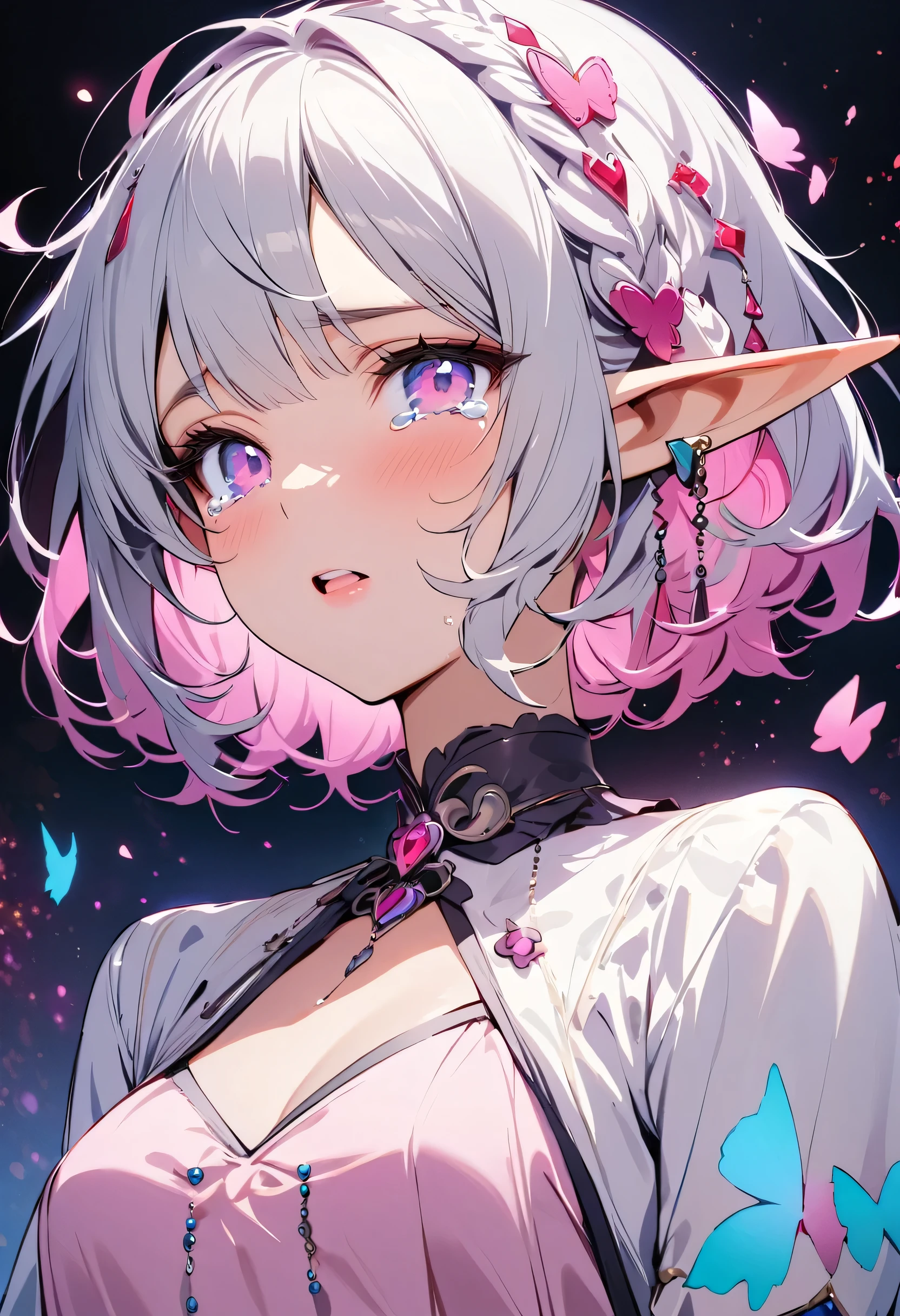 masterpiece, highest quality, Illustrations for novels, High resolution, 18+ Adult content, Sensual, Intimate, Emotional, Passionate, romantic, sweet, Adorable, Innocent, Pure, Fascinating, Fascinating, attractive, Mysterious, Fascinating, Fascinating, Immersive, Fascinating, dream-like, Surreal, Imaginative, Whimsical, artistic, Avant-garde, timeless, elegant, Sophisticated, chic, Sophisticated, Individuality, original, Fascinating,(( Elf:1.3)),((Beautiful Tears))、Upper Body、(chibi)