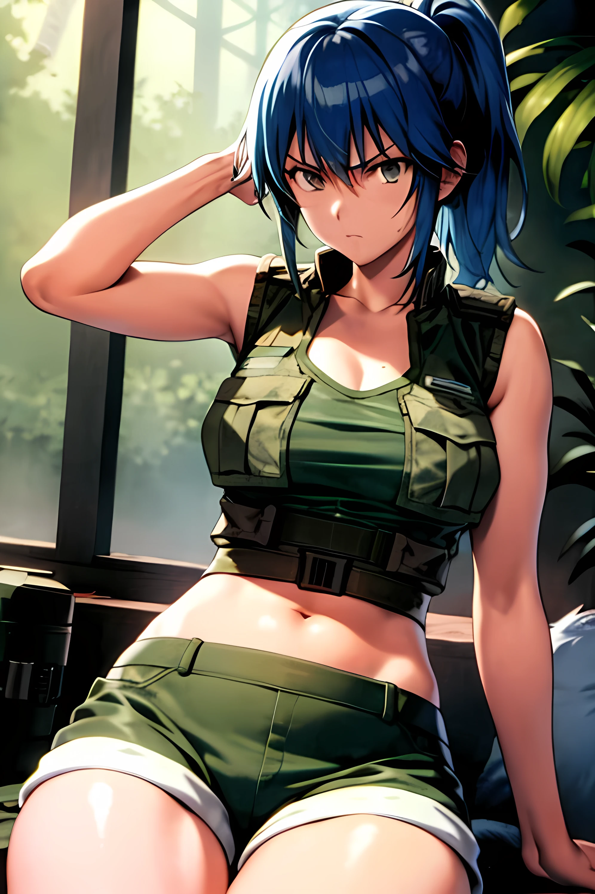 masterpiece, best quality, anime 1990s \(style\, leona heidern, bra, short,vest., jungle, tactical, pony tail, serious, cammo, army, soldier, blue hair.