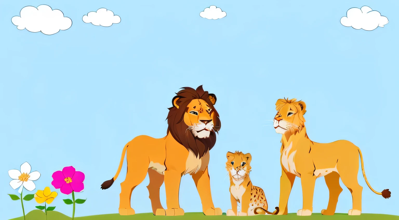 there are three Lions standing in a field with flowers, Lions, Happy family, Rei da floresta, 2 d full body Lion, olhar orgulhoso, melhor em estoque da Adobe, cartoon illustration, the lion, Lion, aslan the Lion, meu, safari, cute Lion, olhar orgulhosoing, Majestade, safari background, forte e feroz, em estilo cartoon, cartoon style illustration