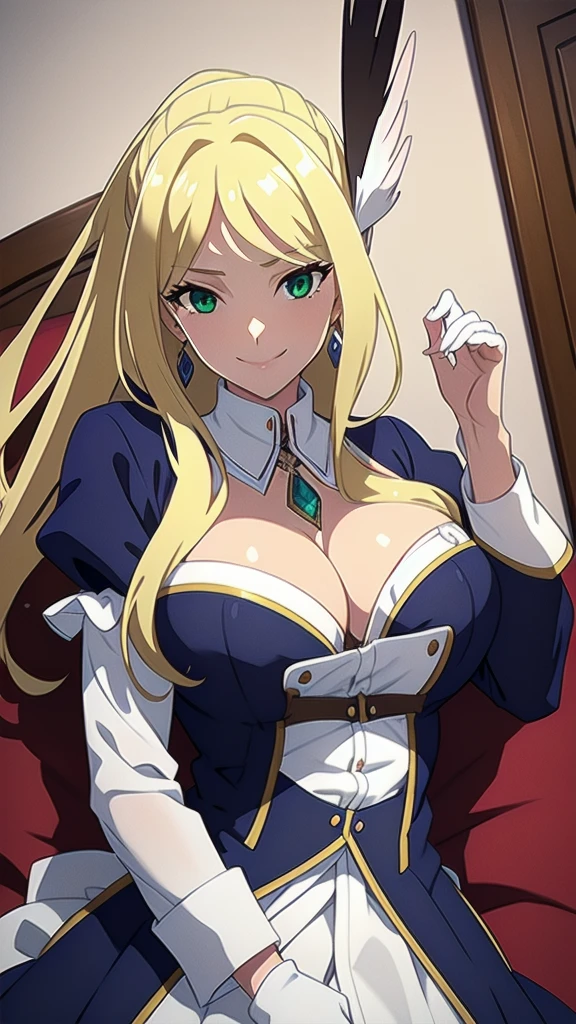 masterpiece, best quality, 1 solo girl, blonde hair, green eyes, long hair, medium breasts, sexy body and face, wavy hair, smile, early 1800s modest dress with silk or cotton, bonnets, corsets with aristocrat status, shawls, white gloves, high necklines, long sleeves, and a fitted bodice with a full skirt, under tied the chin, with ribbons, open bra, open panty, pendant, bracelet, jewelry, earrings, feather hair ornament, book, lying at the bed, night, sexy pose, cowboy shots, detailed body, face, and eyes, sharp focus, vibrant, creative, dynamic, high definition, high resolution, 8k, (Upscale: R-ESRGAN 4x+ Anime6mage enchance:4x), voluptuous body, cinema lightning, dakimakura style, looking at the view, ponytail