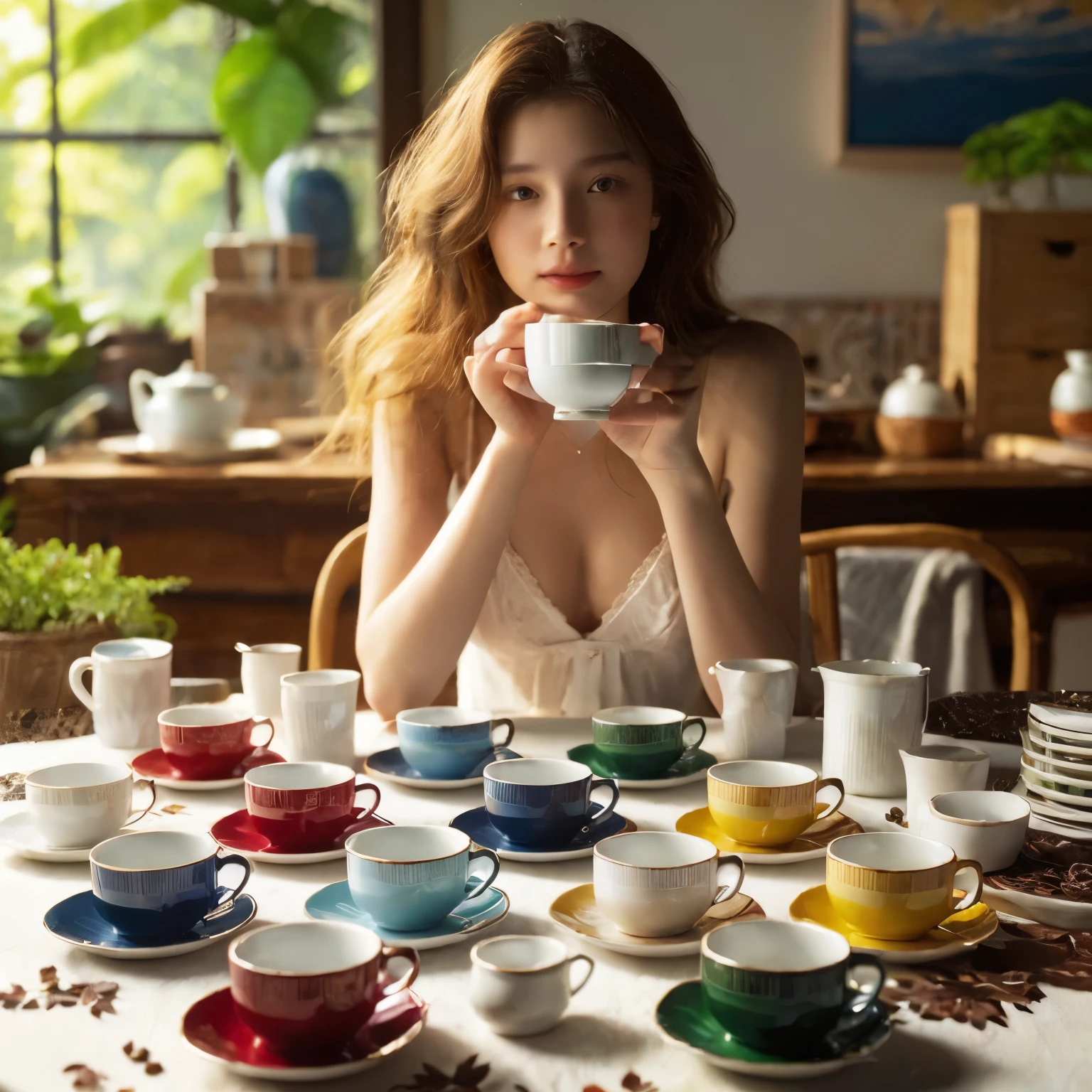 photo for advertising, product shots, a series of small coffee cup with small plates, on white table top, in same style with different colours, made of white porcelain, series of bright colours: red & yellow & deep blue sky-blue & lake-green, a 16 yo young Japanese lady hold a cup & enjoying coffee on background, coffee beans surrounding, outdoor side omni-lighting, afternoon tea time, Italian outdoor