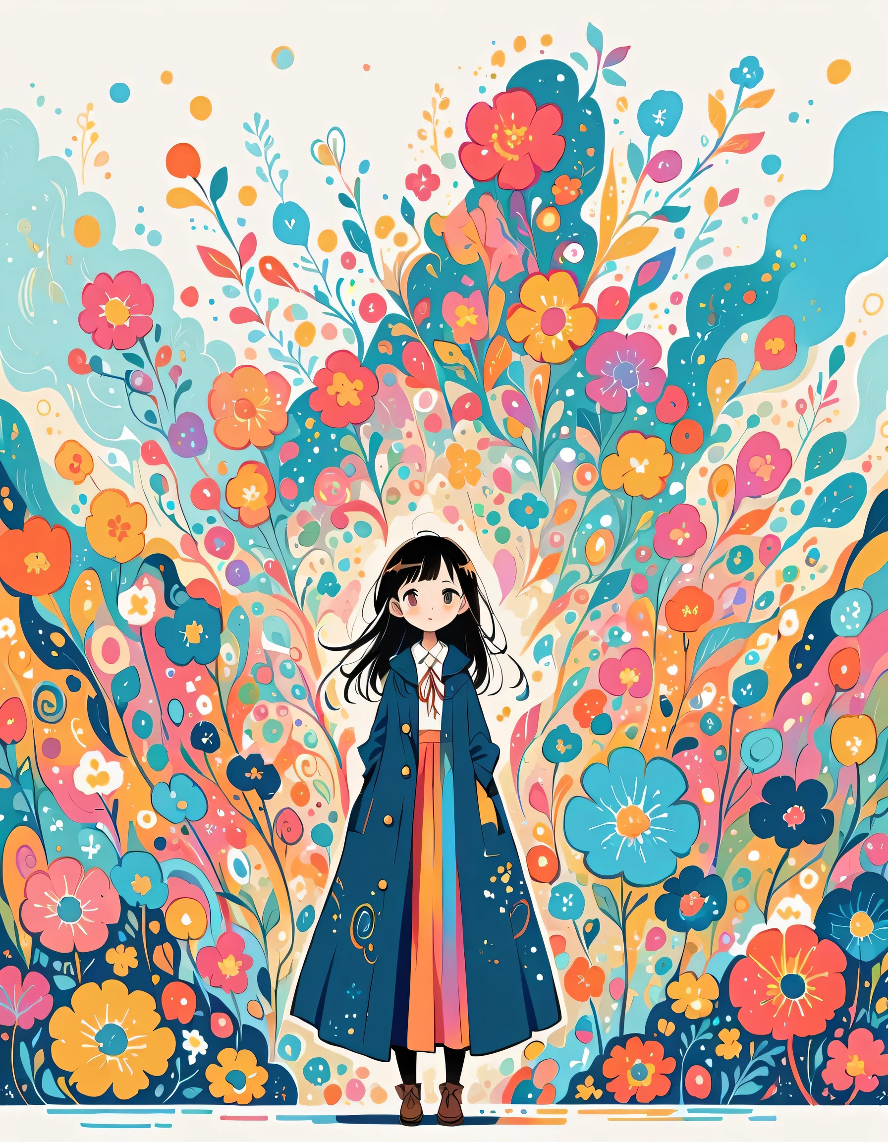 Fujichoco style, Standing in front of a high wall,Simple Line Initialism,Abstract art,Urban Background, (((The most beautiful girl))), colorful flowers