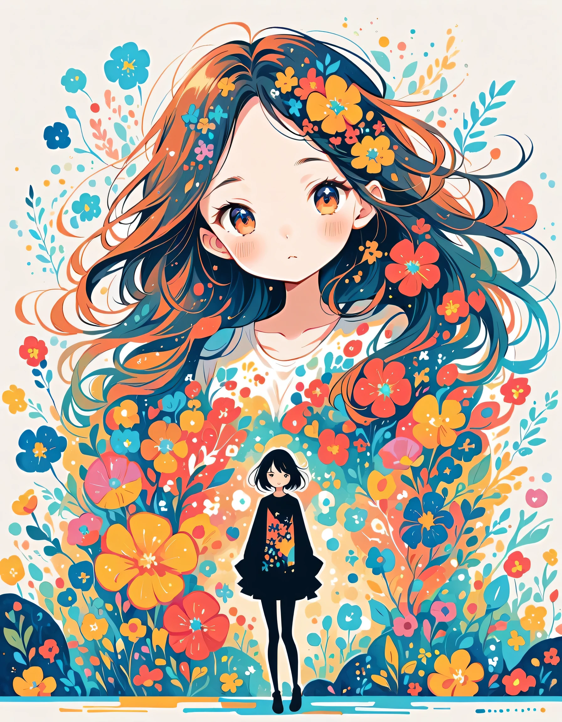 Fujichoco style, Standing in front of a high wall,Simple Line Initialism,Abstract art,Urban Background, (((The most beautiful girl))), colorful flowers