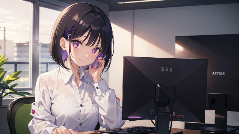 Woman working in the office, 14 years old, Black Hair, Short Bob, Purple glowing eyes, White shirt, Light Brown Jacket, Happy,Happy smile、 Show me your face,Hair tucked behind one ear、 Face to face with computer、Glitter effect
